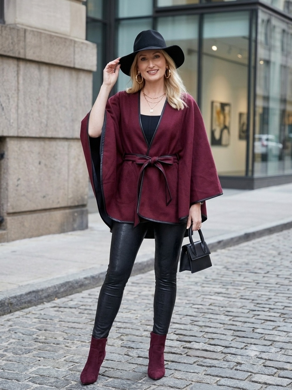 $109 Peach Nairobi Cape Burgundy Tie Front w/ Pockets 3/4 Sleeve Size M/L P1212